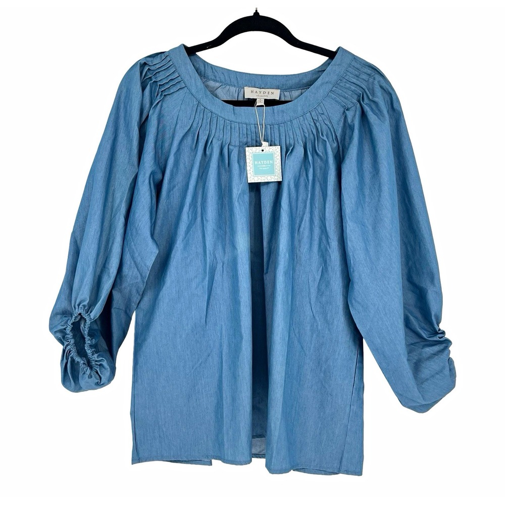 Hayden Los Angeles Women S Chambray Blue Pleated Blouse Boho Peasant Puff Sleeve